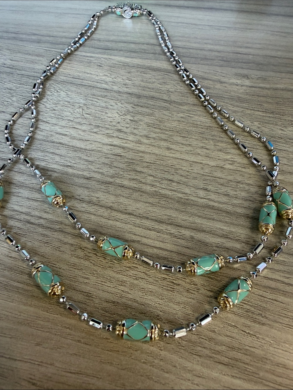 Double-Strand Turquoise Bead Necklace with Gold & Silver Accents